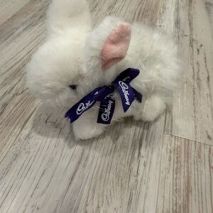 White Plush Bunny with Pink Ears and Blue Ribbon